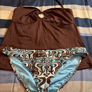 2pc. Bathing suit,  Brown Halter Top with Patterned blue white and brown pattern